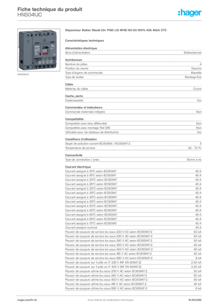 Image Hager Fiche technique du produit HNS041JC | Hager Suisse