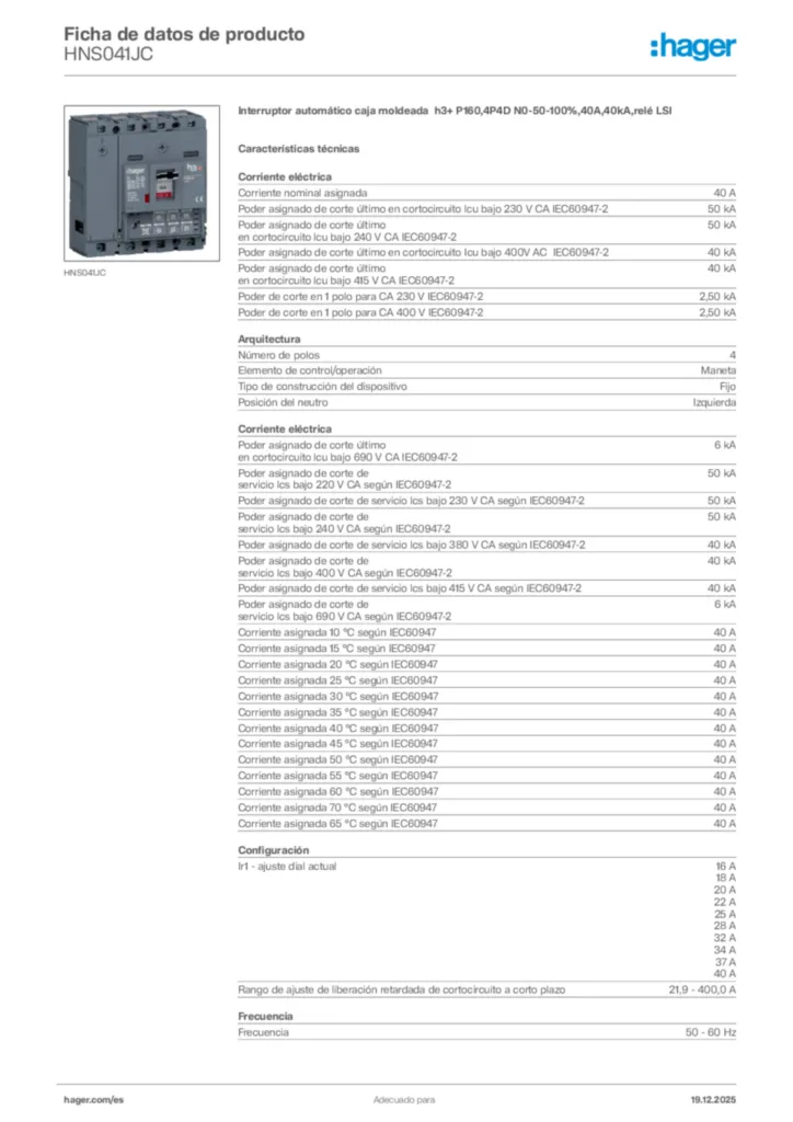 Imagen Hager Ficha de datos de producto HNS041JC | Hager España