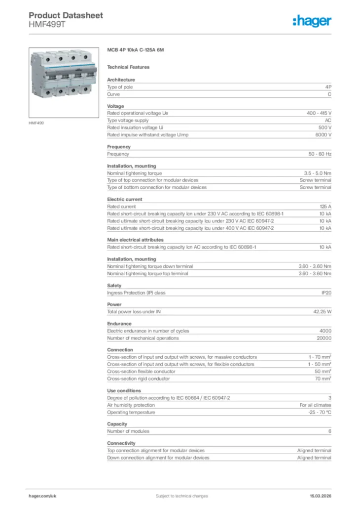 Image Hager Product data sheet HMF499T  | Hager