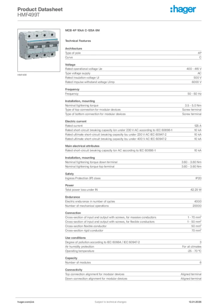Image Hager Product data sheet HMF499T  | Hager