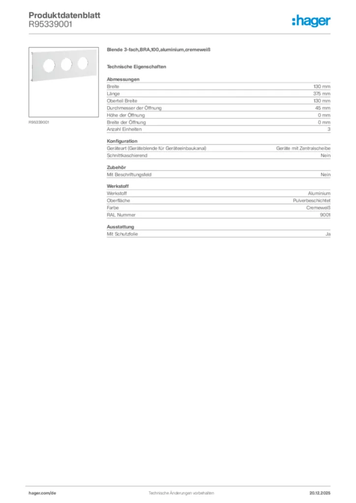 Bild Hager Produktdatenblatt R95339001 | Hager Deutschland