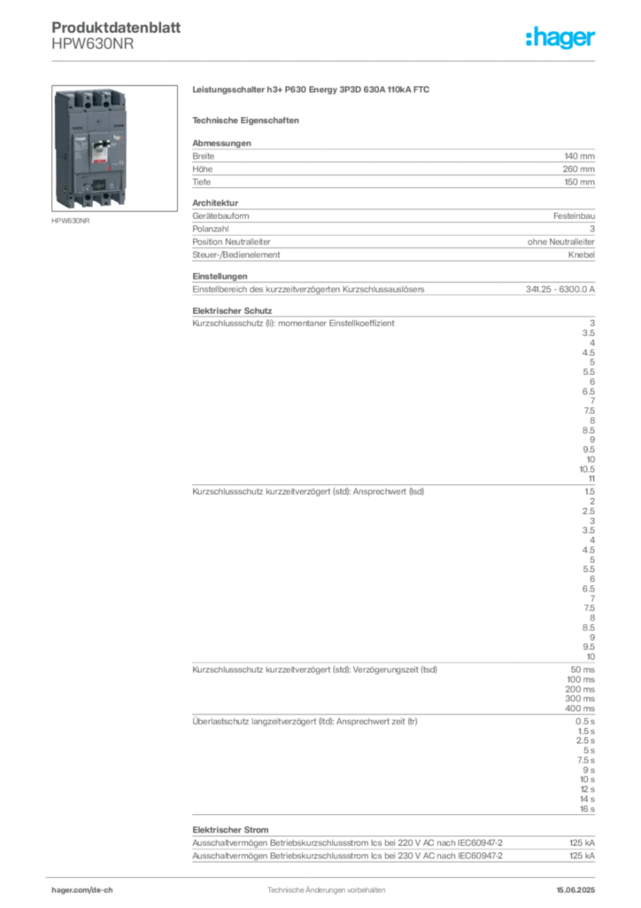 Bild Hager Produktdatenblatt HPW630NR | Hager Schweiz