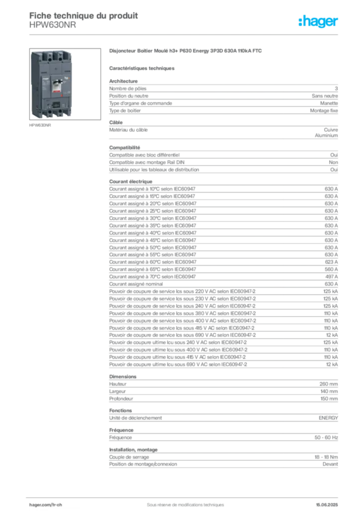 Image Hager Fiche technique du produit HPW630NR | Hager Suisse