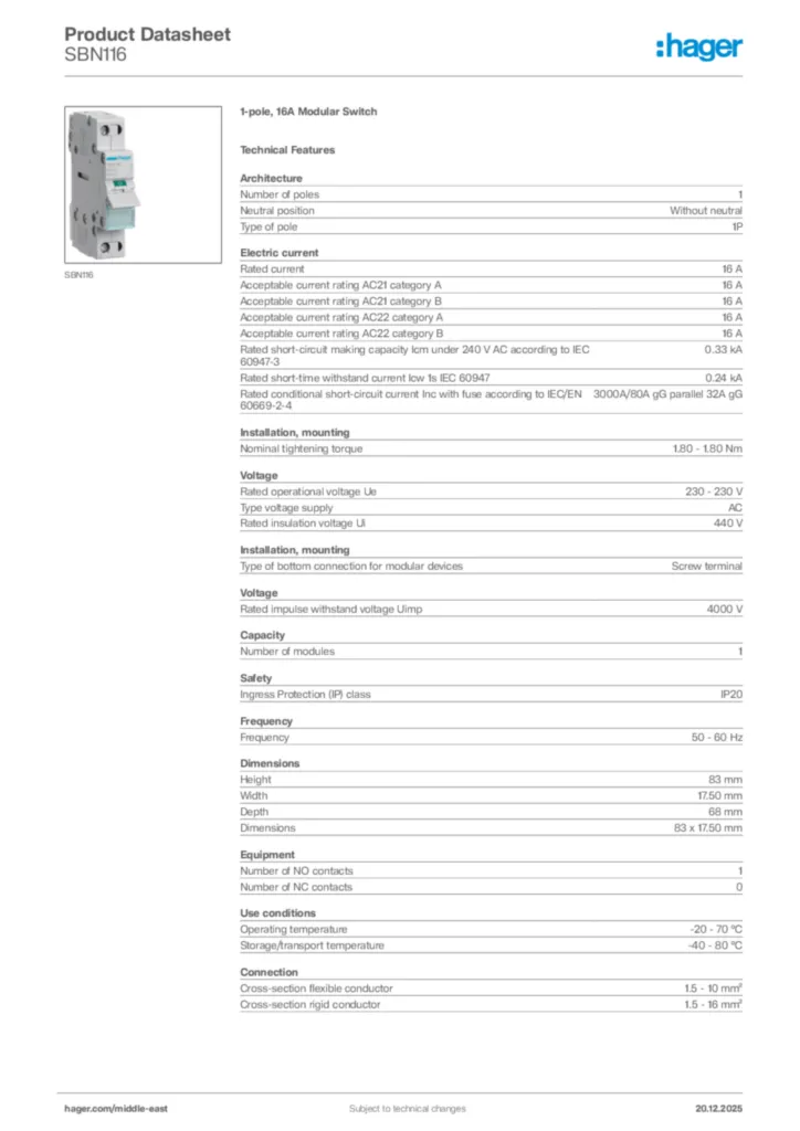 Image Hager Product data sheet SBN116  | Hager