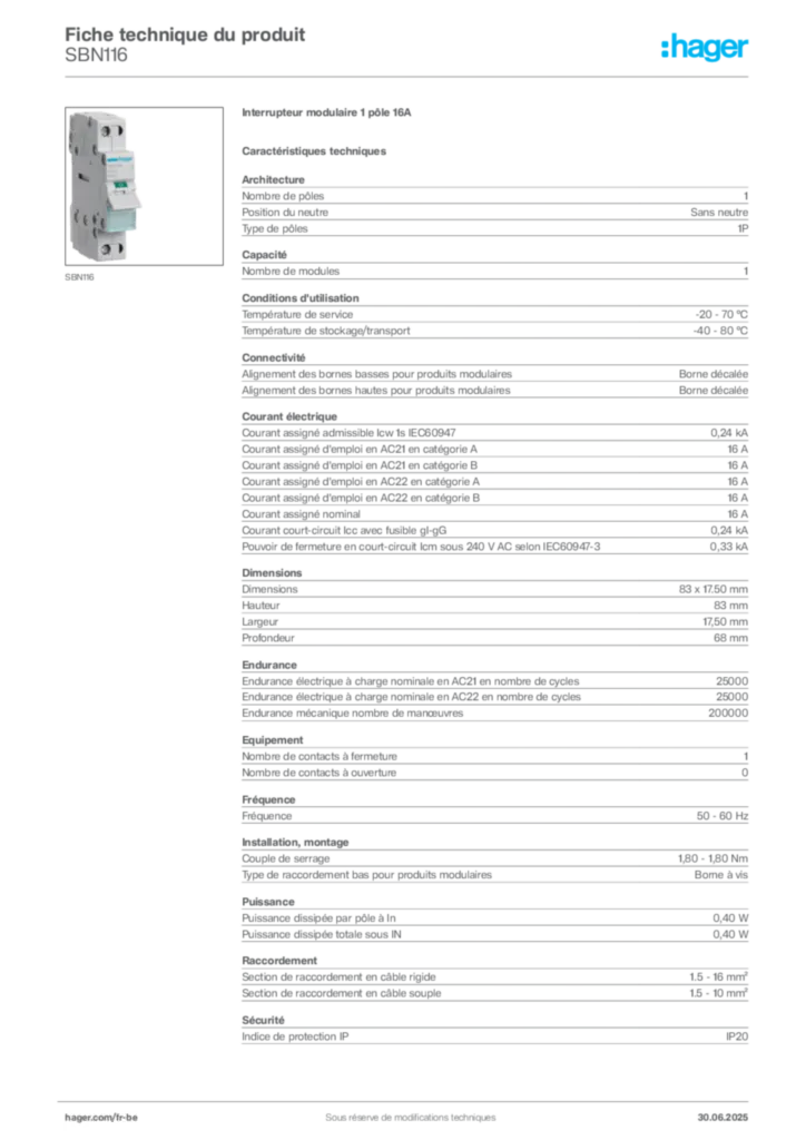 Image Hager Fiche technique du produit SBN116 | Hager Belgique