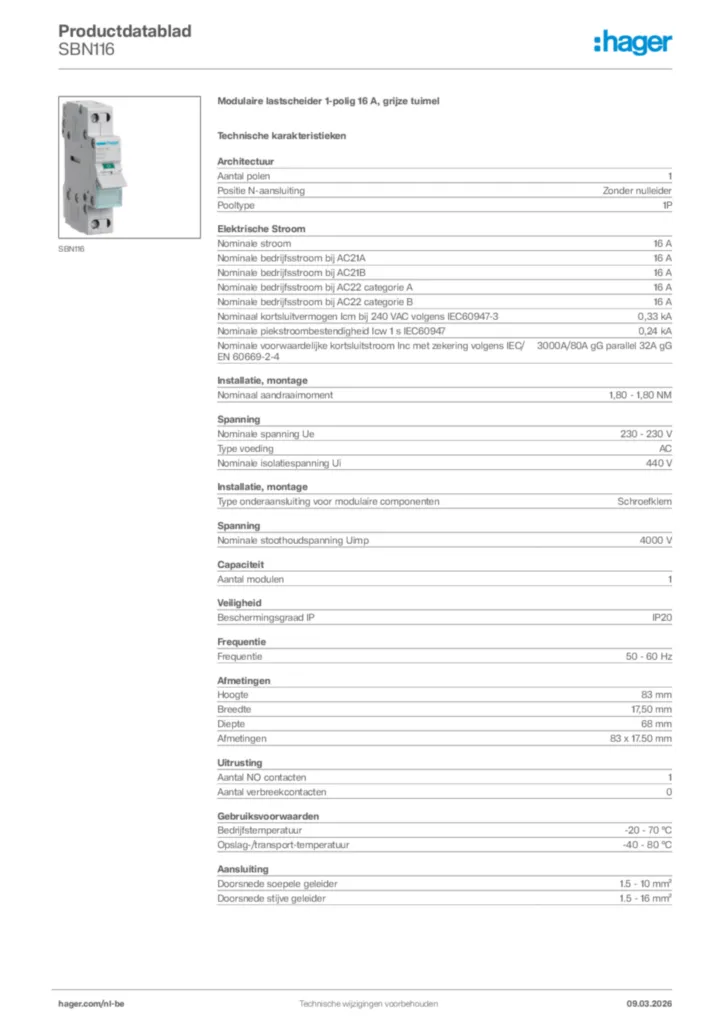 Afbeelding Hager Productdatablad SBN116 | Hager Belgium