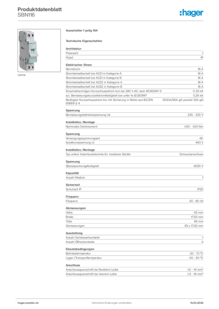 Bild Hager Produktdatenblatt SBN116 | Hager Schweiz