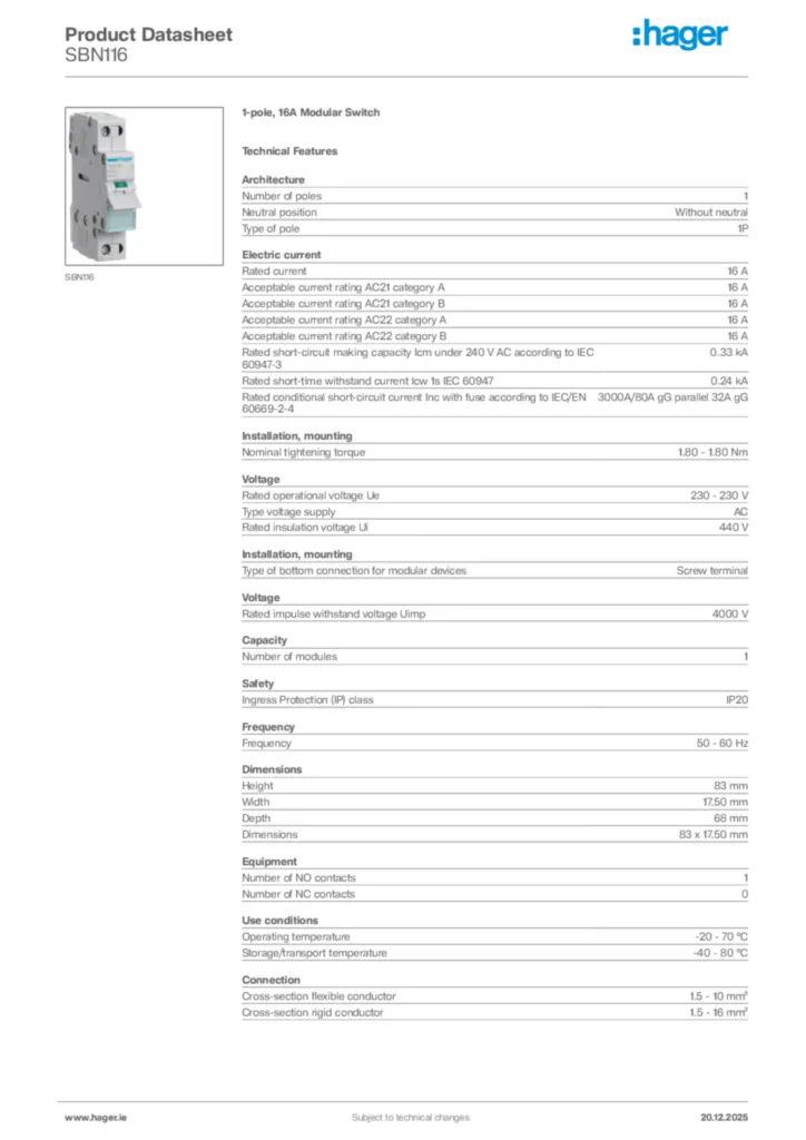 Image Hager Product data sheet SBN116  | Hager