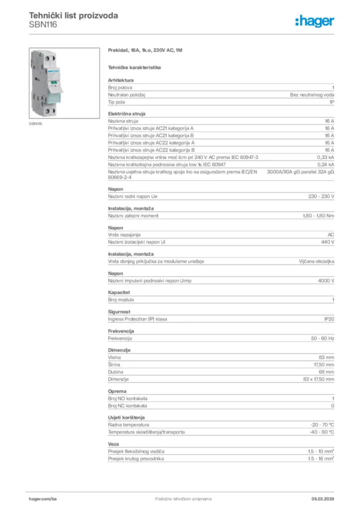 Slika Hager Tehnički list proizvoda SBN116  | Hager