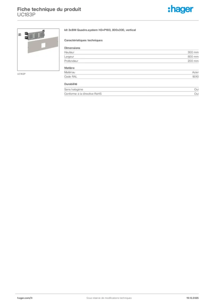 Image Hager Fiche technique du produit UC183P | Hager France