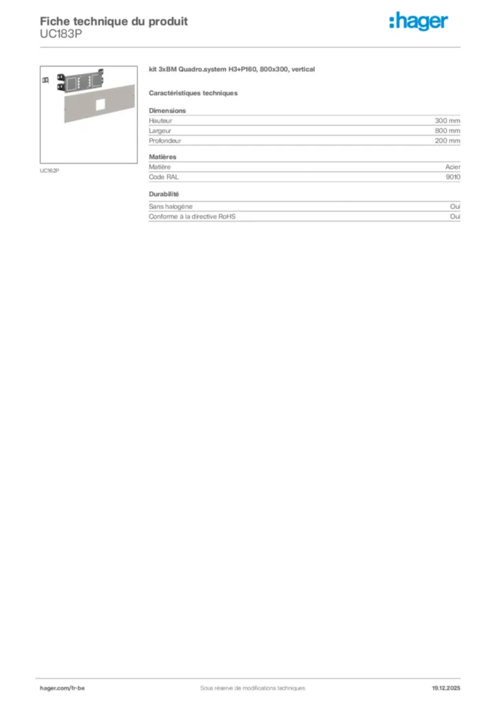 Image Hager Fiche technique du produit UC183P | Hager Belgique