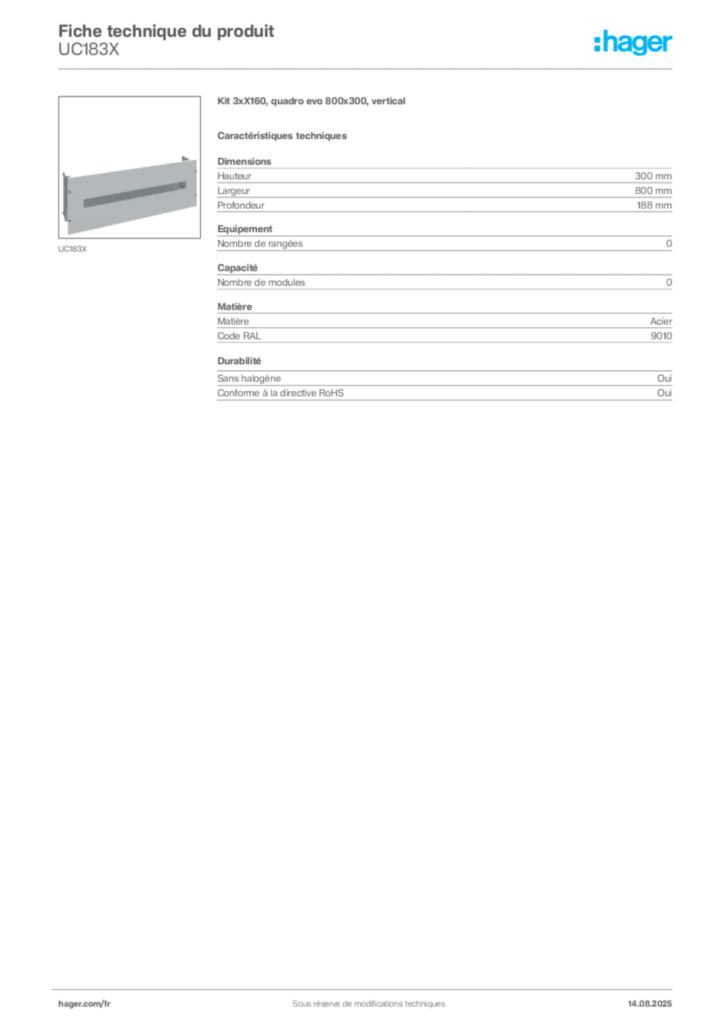 Image Hager Fiche technique du produit UC183X | Hager France