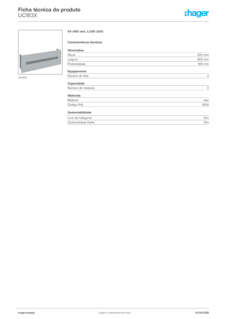 Imagem Hager Ficha técnica do produto UC183X | Hager Portugal
