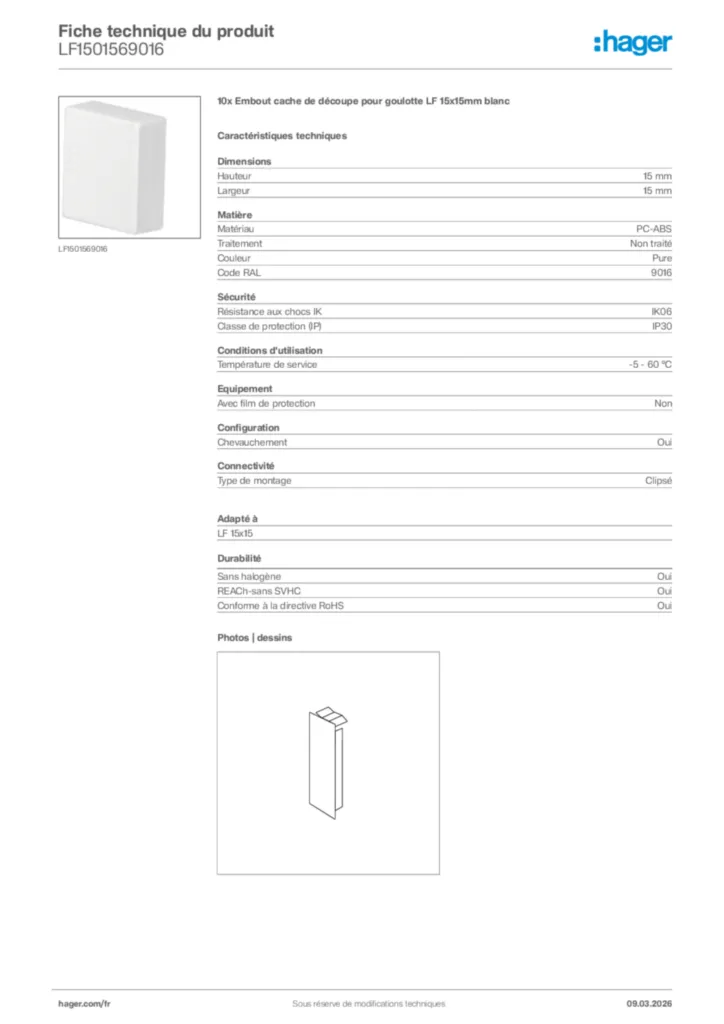 Image Hager Fiche technique du produit LF1501569016 | Hager France