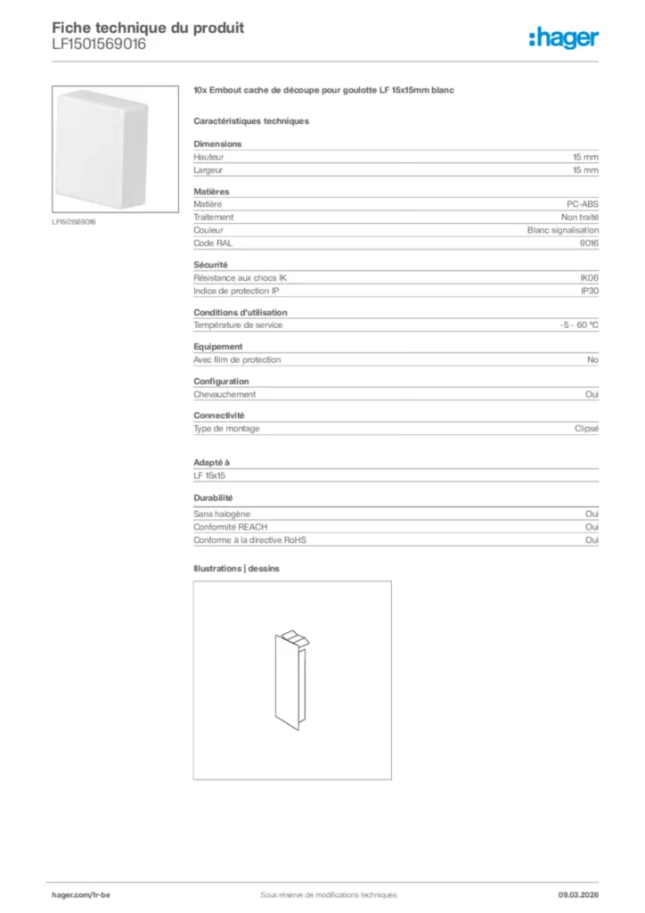 Image Hager Fiche technique du produit LF1501569016 | Hager Belgique