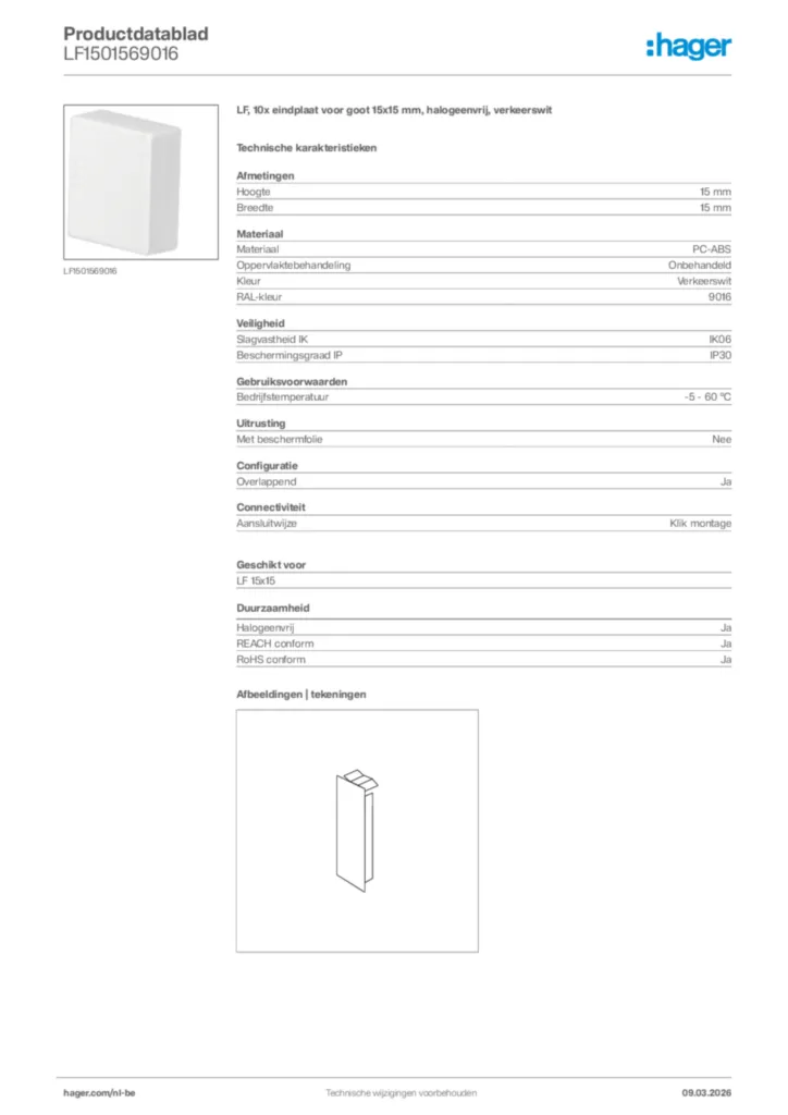 Afbeelding Hager Productdatablad LF1501569016 | Hager Belgium
