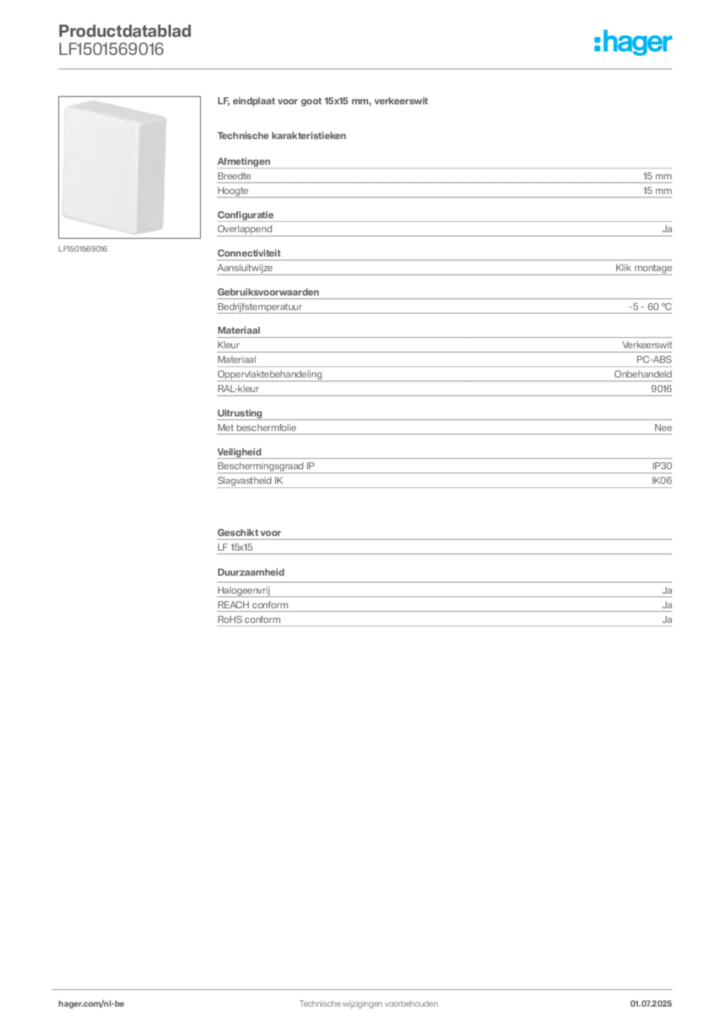 Afbeelding Hager Productdatablad LF1501569016 | Hager Belgium