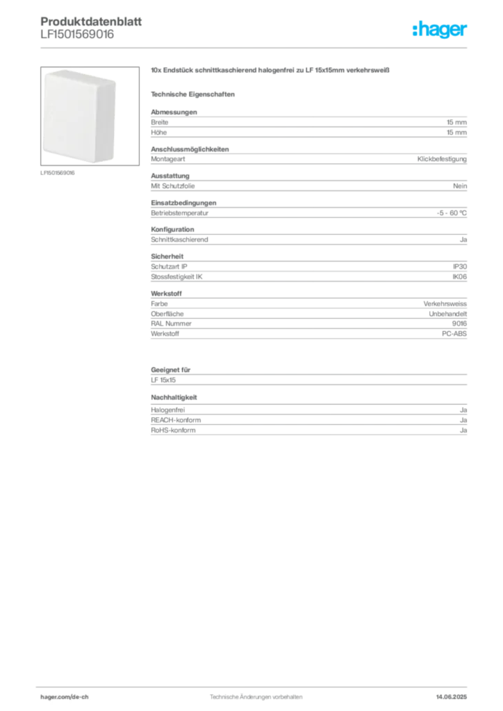 Bild Hager Produktdatenblatt LF1501569016 | Hager Schweiz