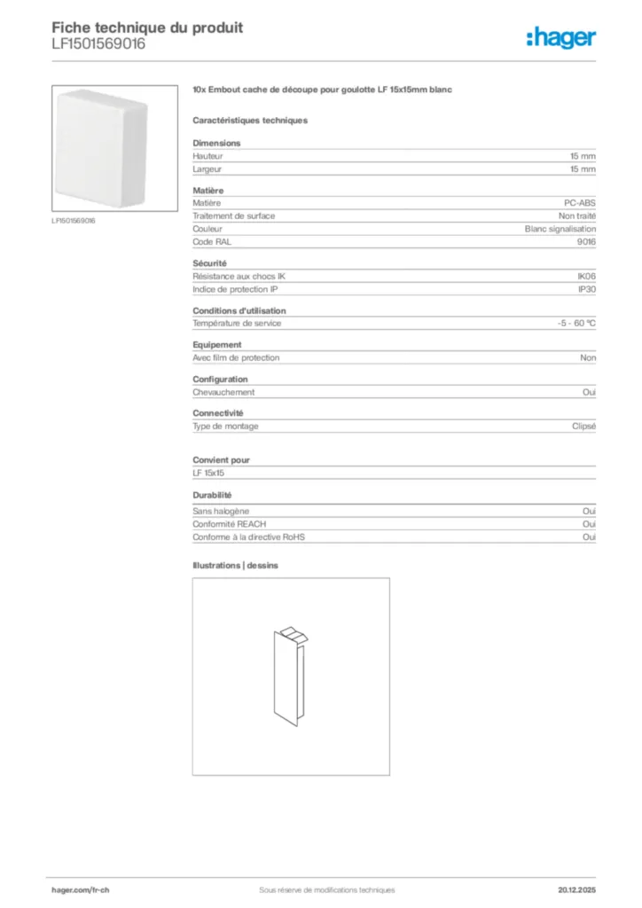 Image Hager Fiche technique du produit LF1501569016 | Hager Suisse