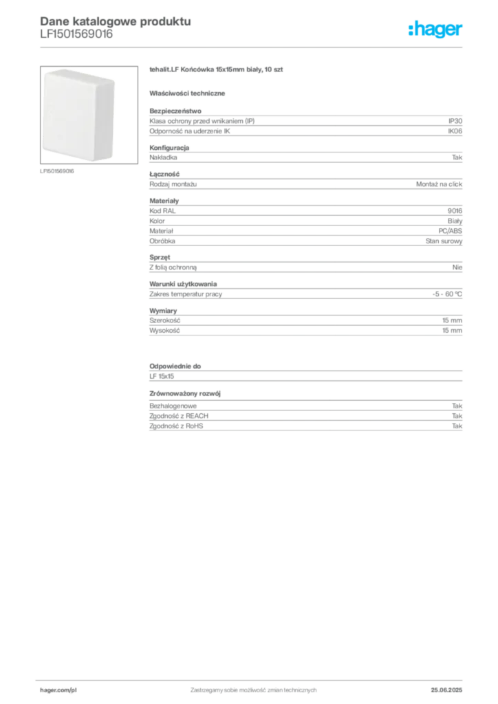 Zdjęcie Hager Karta katalogowa LF1501569016 | Hager Polska