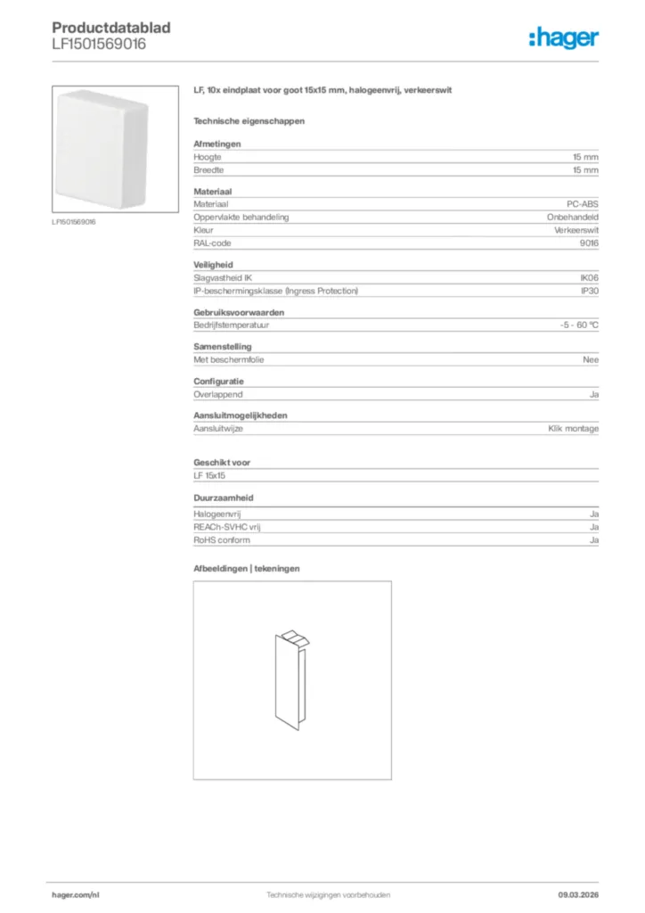 Afbeelding Hager Productdatablad LF1501569016 | Hager Nederland