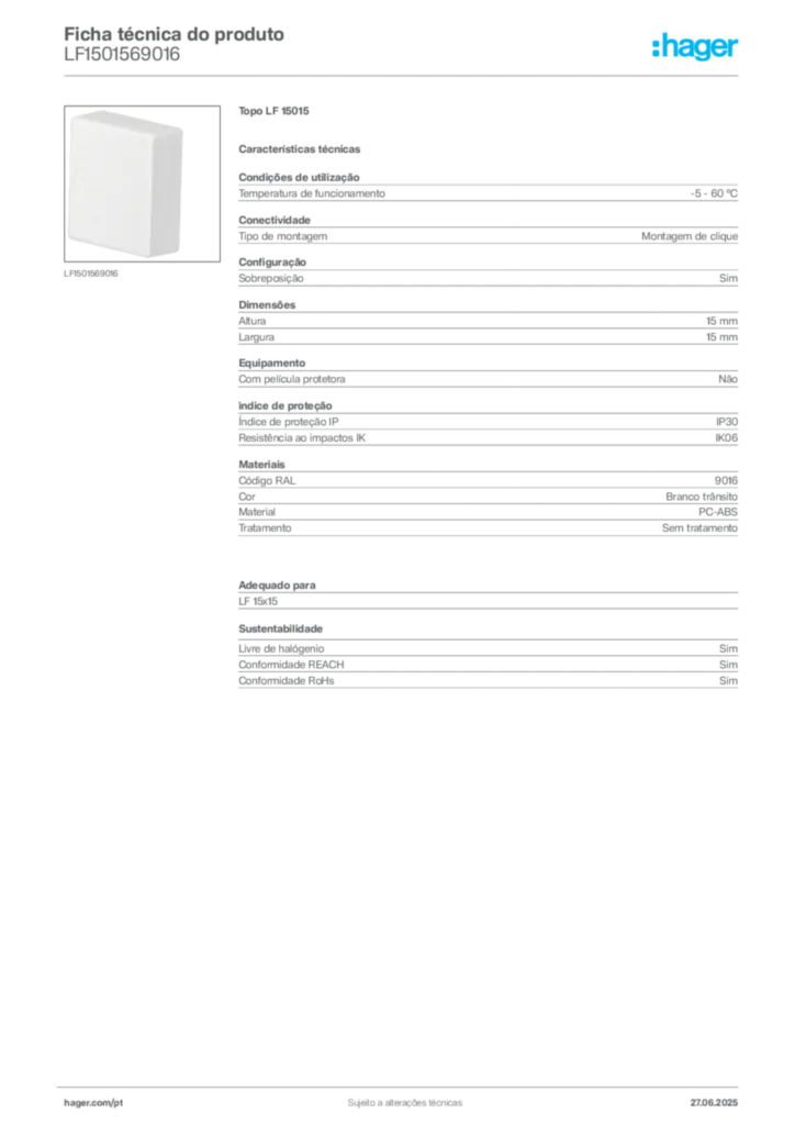 Imagem Hager Ficha técnica do produto LF1501569016 | Hager Portugal