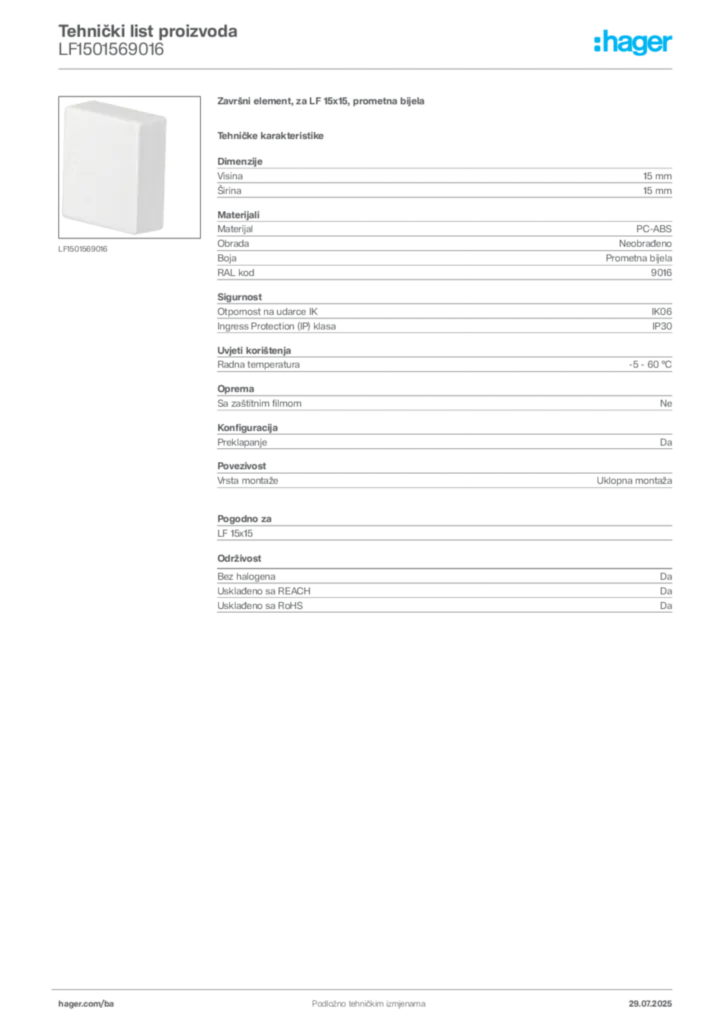 Slika Hager Product data sheet LF1501569016  | Hager