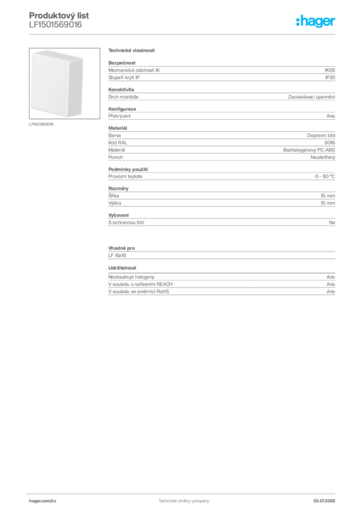 Obrázek Hager Produktový list LF1501569016 | Hager