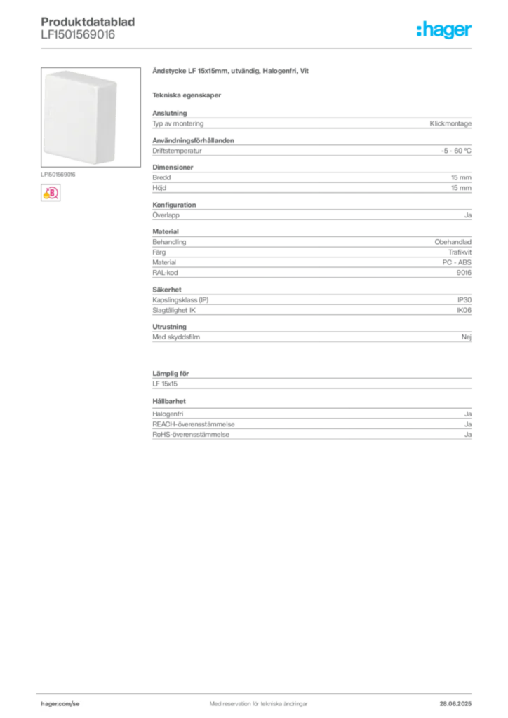 Bild Hager Produktdatablad LF1501569016 | Hager Sverige