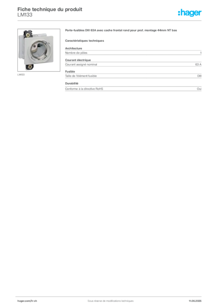 Image Hager Fiche technique du produit LM133 | Hager Suisse