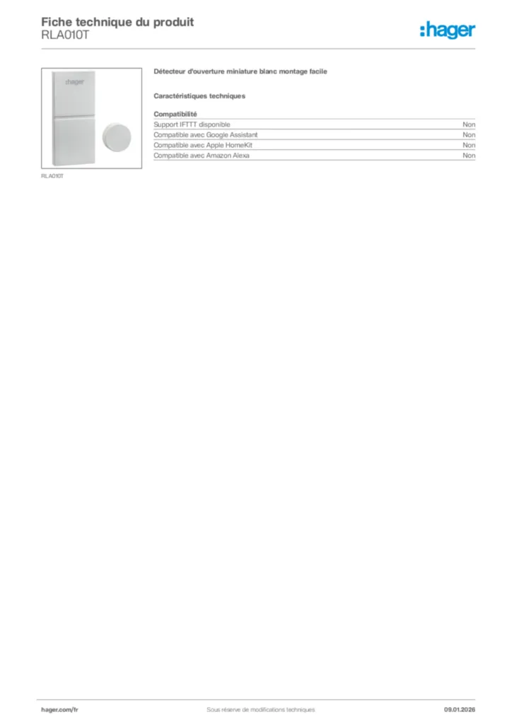 Image Hager Fiche technique du produit RLA010T | Hager France