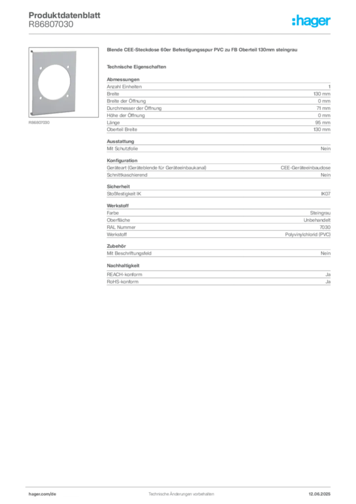 Bild Hager Produktdatenblatt R86807030 | Hager Deutschland