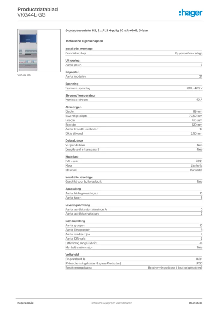 Afbeelding Hager Productdatablad VKG44L-GG | Hager Nederland