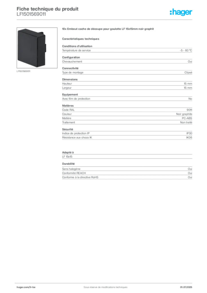 Image Hager Fiche technique du produit LF1501569011 | Hager Belgique