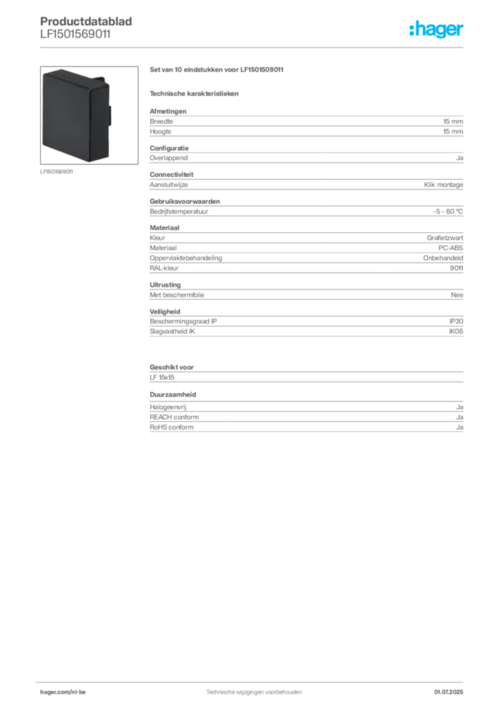 Afbeelding Hager Productdatablad LF1501569011 | Hager Belgium