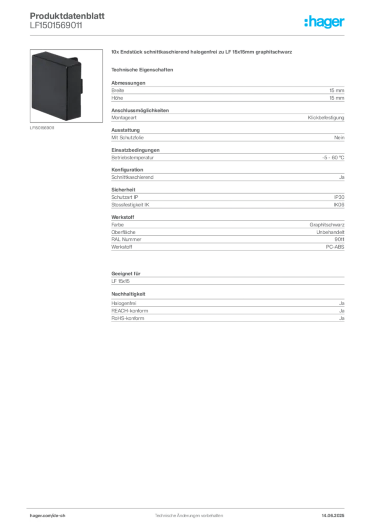Bild Hager Produktdatenblatt LF1501569011 | Hager Schweiz