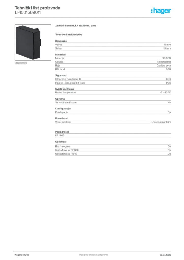 Slika Hager Product data sheet LF1501569011  | Hager