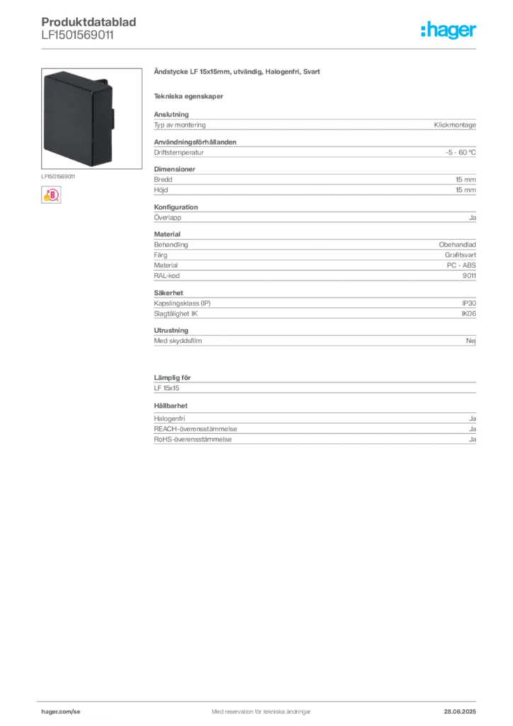 Bild Hager Produktdatablad LF1501569011 | Hager Sverige