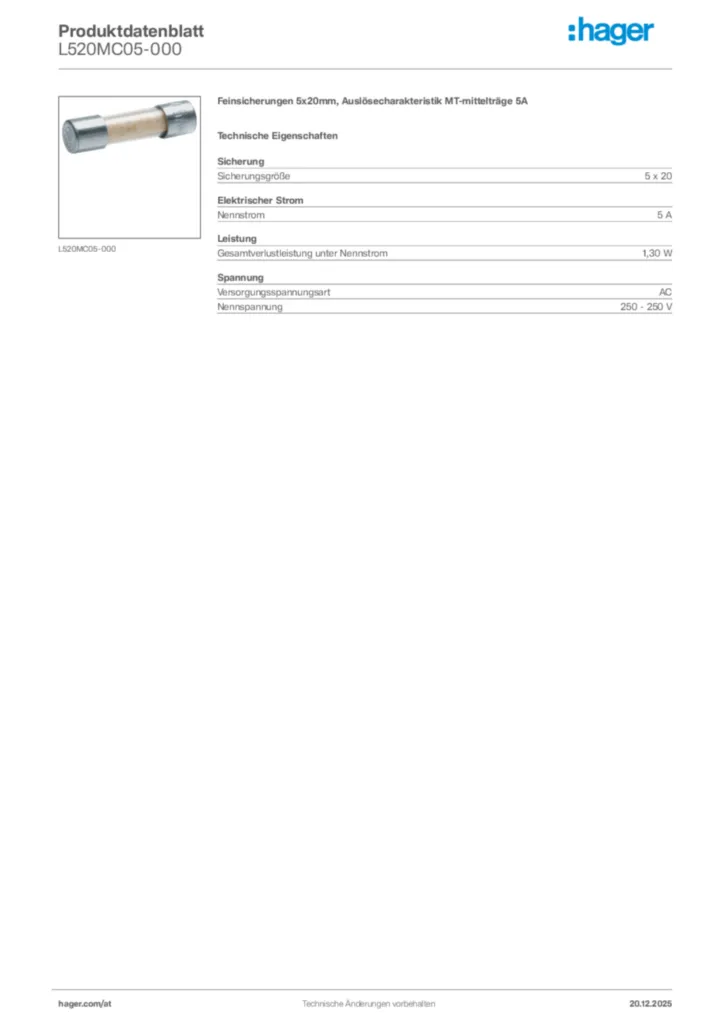 Bild Hager Produktdatenblatt L520MC05-000 | Hager Deutschland