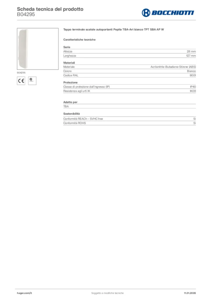 Immagine Bocchiotti Scheda tecnica del prodotto B04295 | Hager Italia