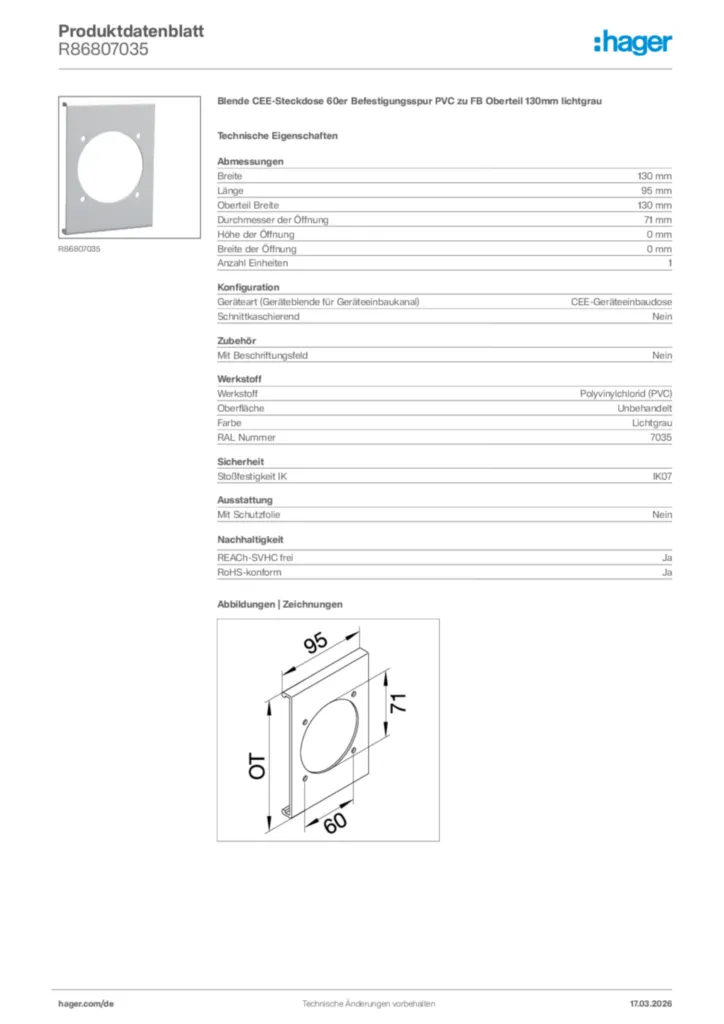 Bild Hager Produktdatenblatt R86807035 | Hager Deutschland