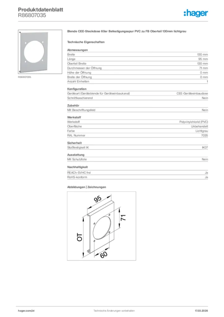 Bild Hager Produktdatenblatt R86807035 | Hager Deutschland