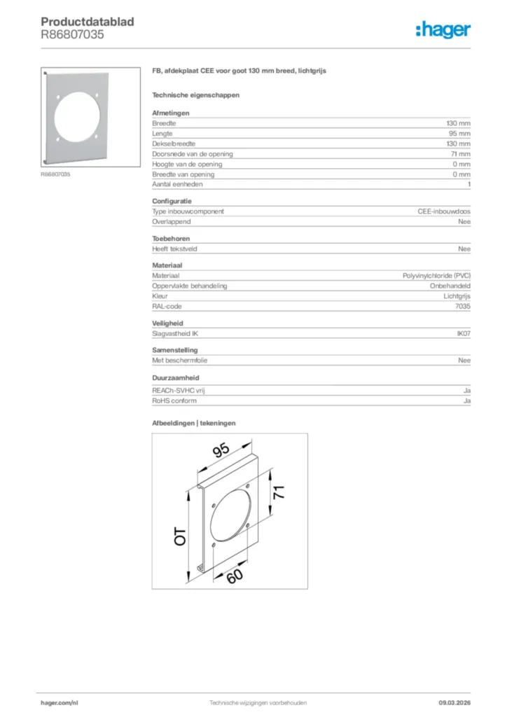 Afbeelding Hager Productdatablad R86807035 | Hager Nederland
