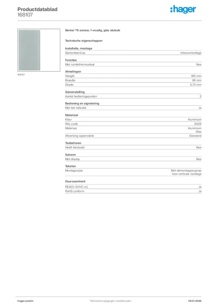 Afbeelding Hager Productdatablad 168107 | Hager Nederland