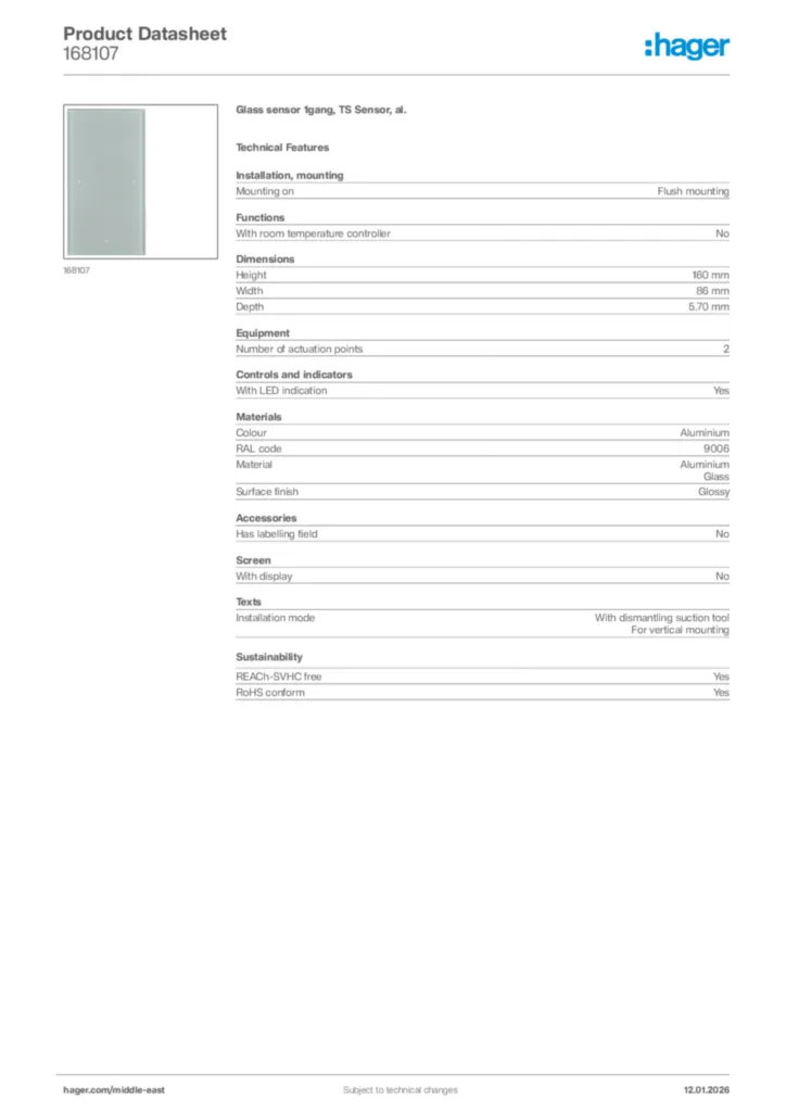 Image Hager Product data sheet 168107  | Hager