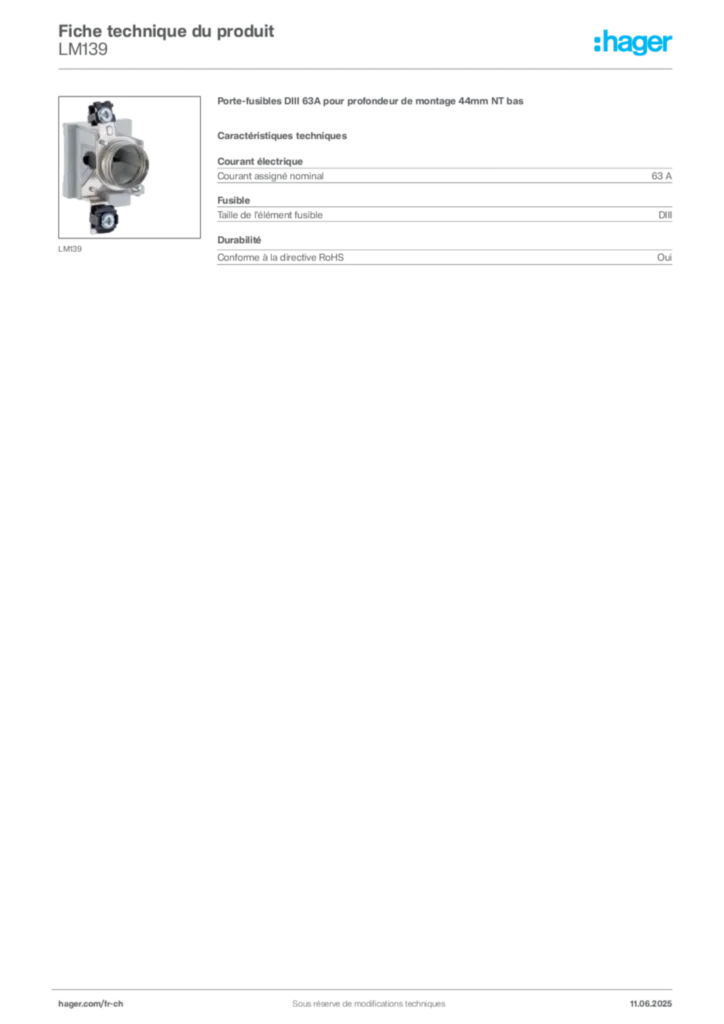 Image Hager Fiche technique du produit LM139 | Hager Suisse