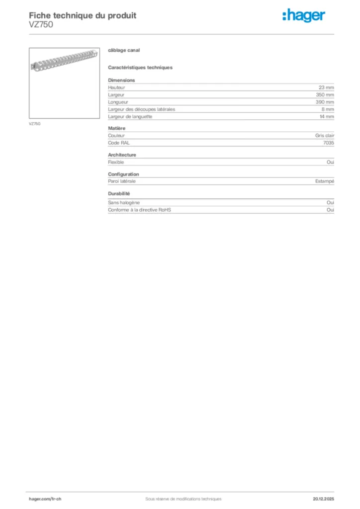 Image Hager Fiche technique du produit VZ750 | Hager Suisse