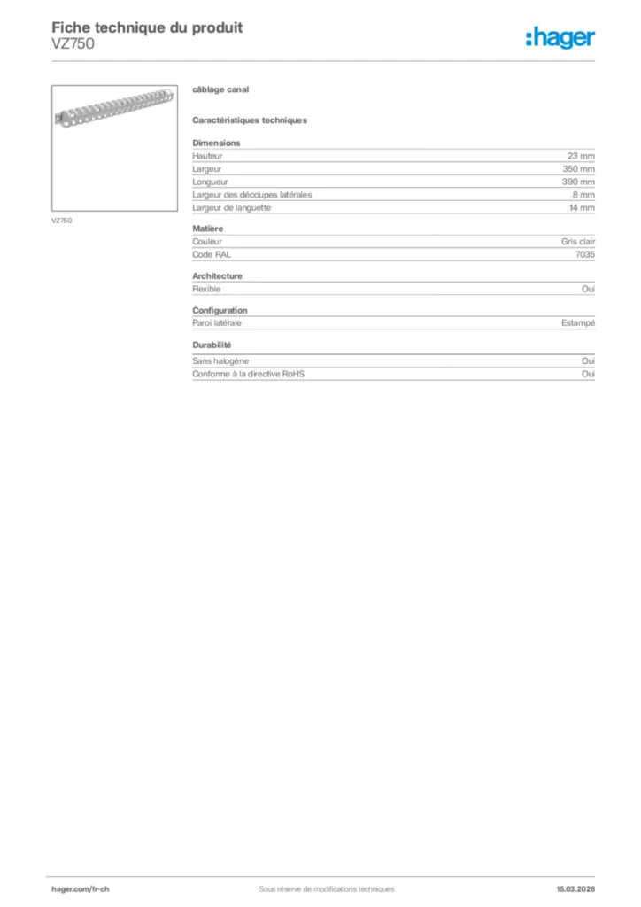 Image Hager Fiche technique du produit VZ750 | Hager Suisse