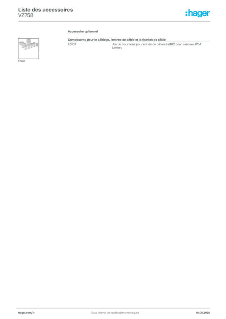 Image Hager Fiche technique du produit VZ758 | Hager France