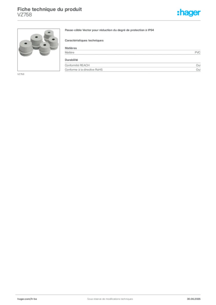 Image Hager Fiche technique du produit VZ758 | Hager Belgique